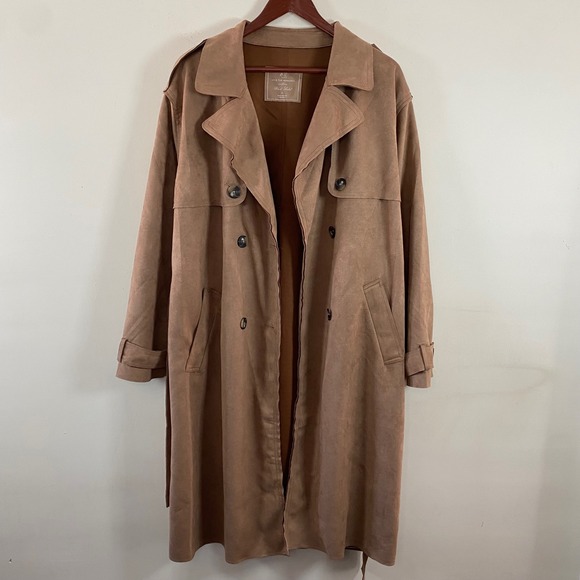 Love For Humanity Faux Suede Trench Coat Size Large NWT Camel Color - Picture 2 of 9